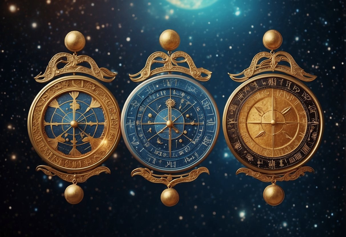 Four fixed zodiac signs depicted with their corresponding symbols and attributes in a celestial setting