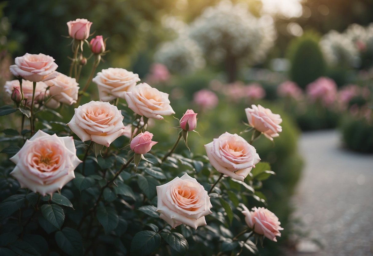 A serene garden with pink roses blooming, surrounded by calming energy