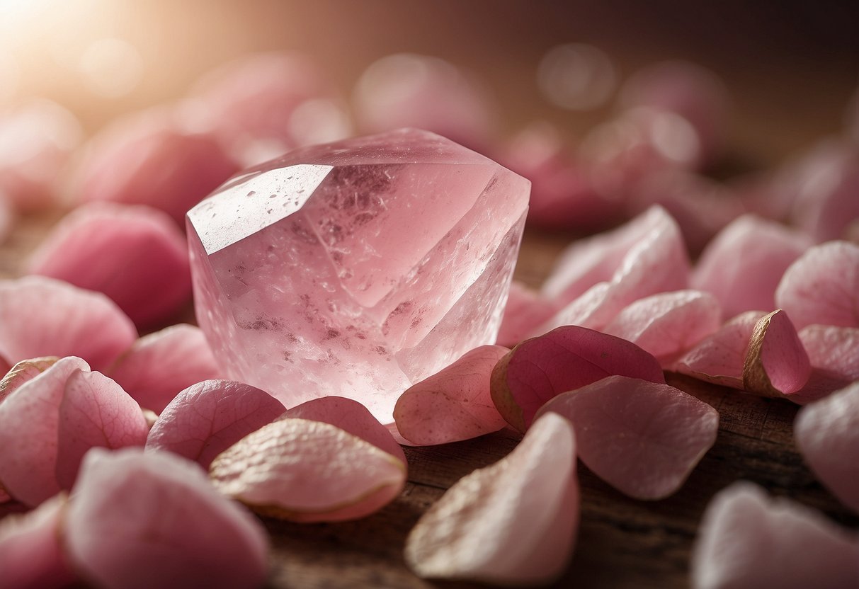 A raw rose quartz crystal sits on a bed of pink petals, emanating a soft, gentle glow. Its origins and properties are hinted at through surrounding imagery