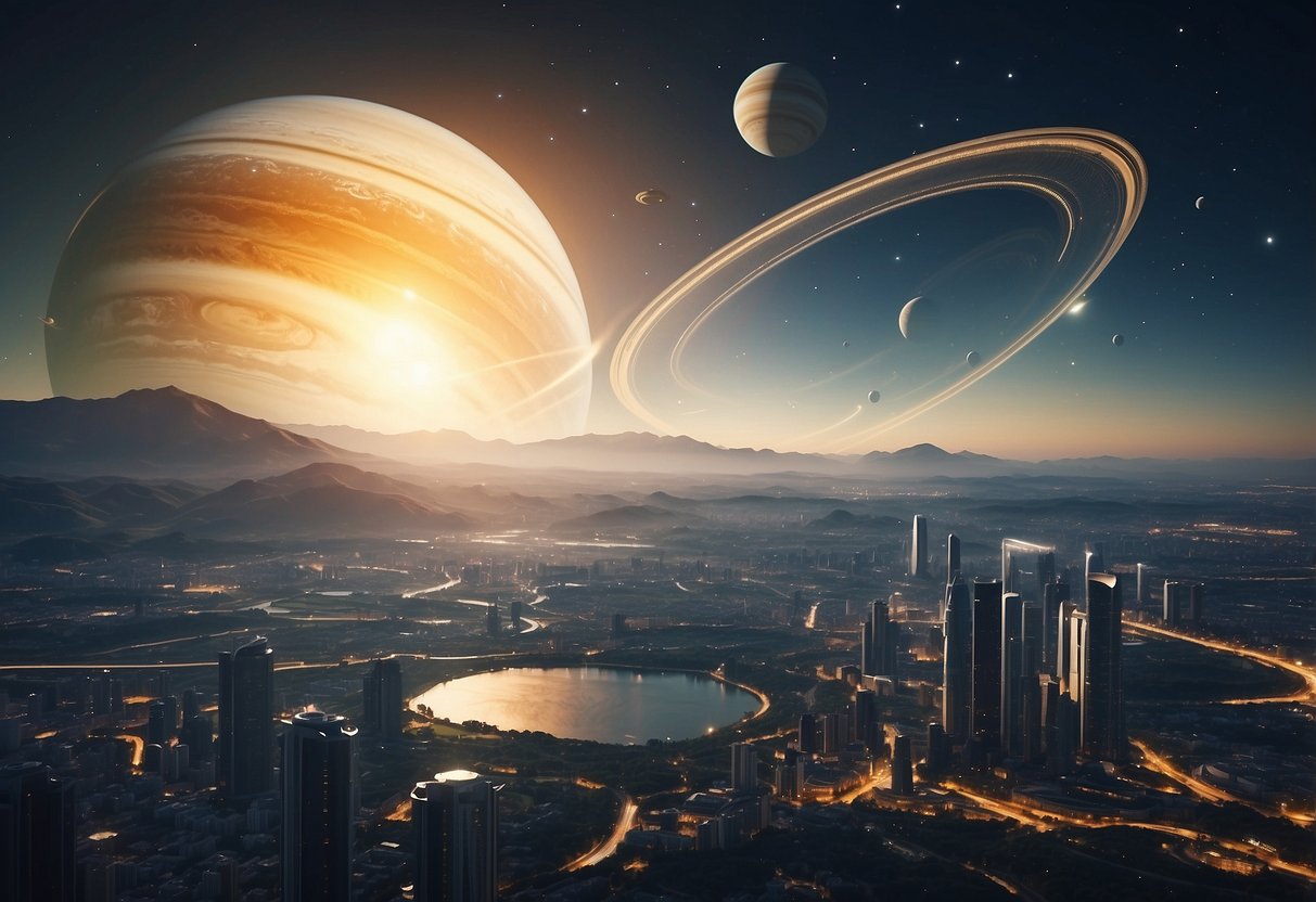 Saturn in Aquarius: A futuristic cityscape with a giant ringed planet hovering in the sky, surrounded by advanced technology and innovation