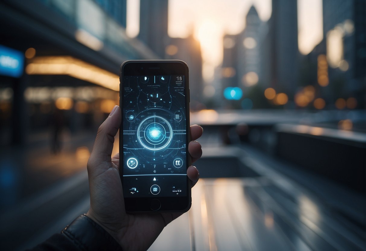 A person using a futuristic device in a modern city, with Saturn and Aquarius symbols in the background