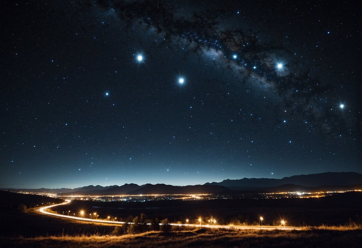 A night sky filled with bright, fixed constellations