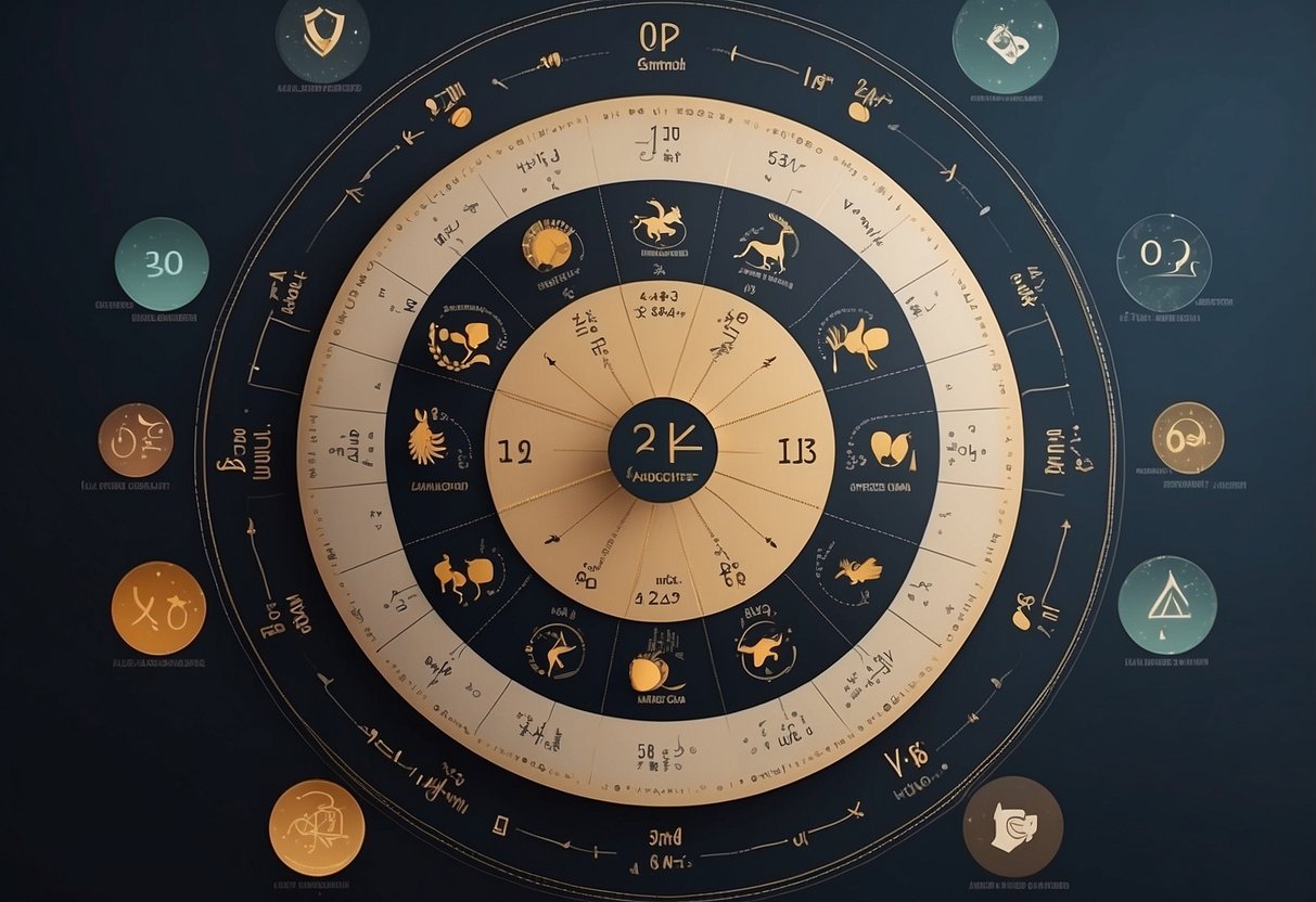 A circular chart with 12 fixed zodiac signs, each with unique symbols, arranged in a circle around a central point