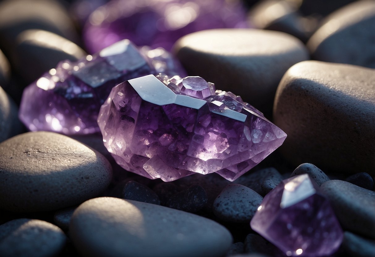 A cluster of amethyst druse glistens in the soft light, casting a purple hue over the surrounding rocks and crystals