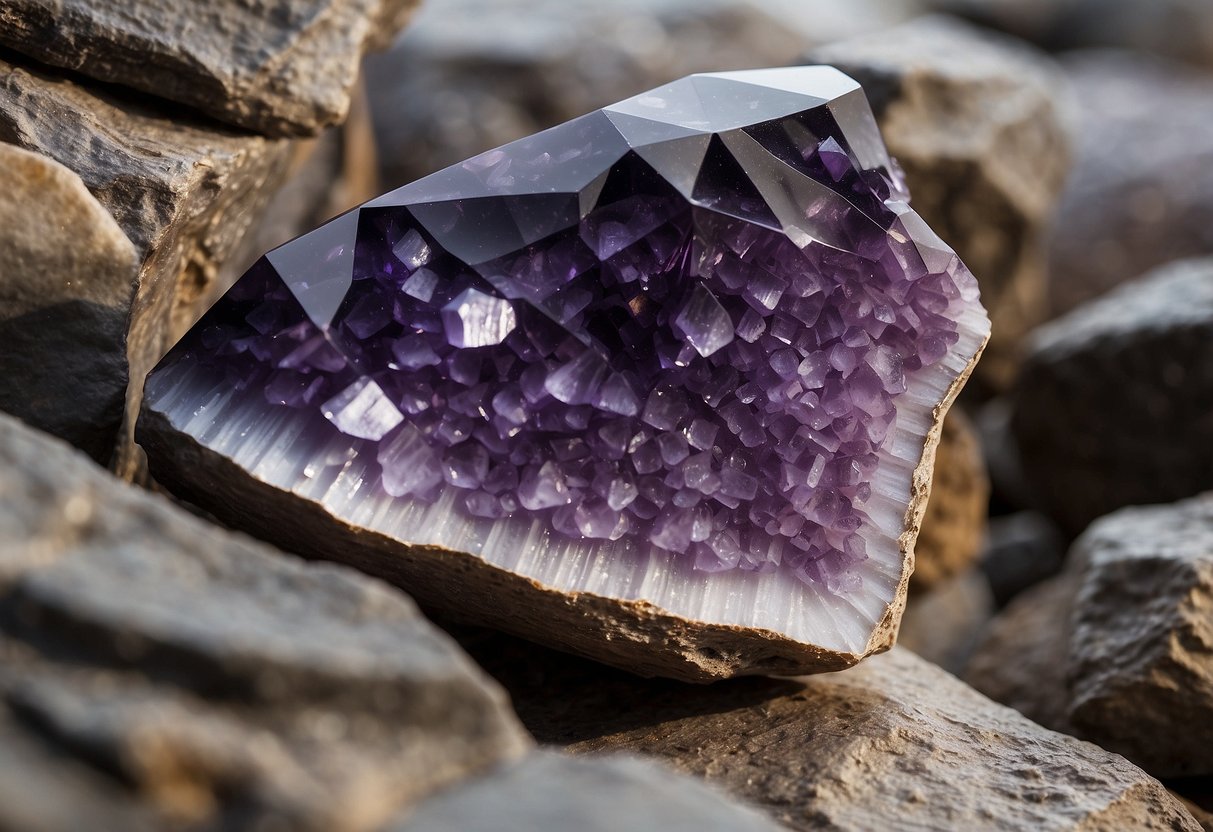 A large amethyst druse sits atop a rocky outcrop, reflecting light with its deep purple hues. The crystal formation sparkles, showcasing its physical and geological properties