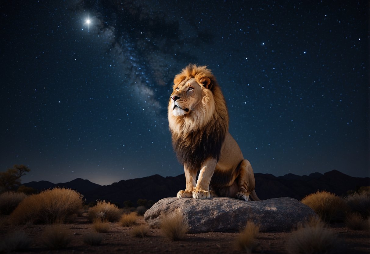 A regal lion stands proudly under a starry night sky, symbolizing the loyal and steadfast nature of the zodiac sign