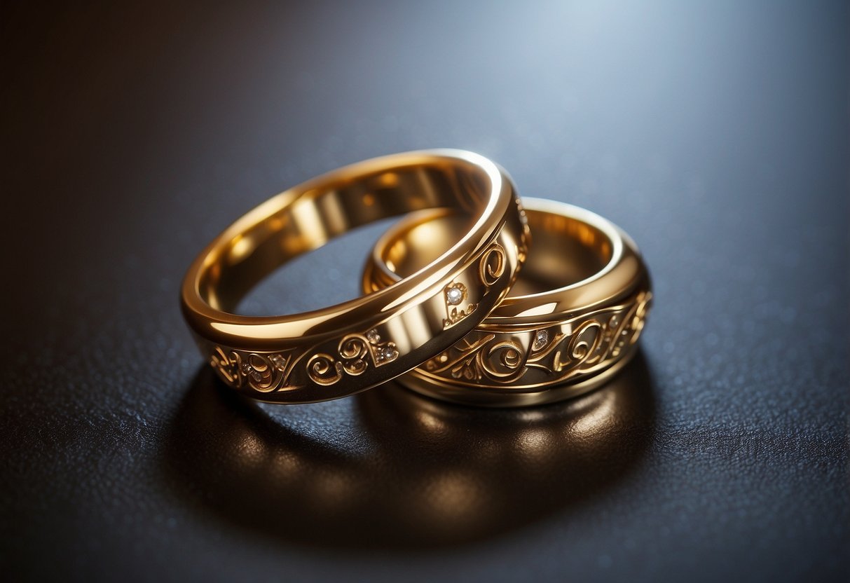 A pair of entwined golden rings, symbolizing loyalty in relationships, surrounded by celestial symbols of the zodiac signs