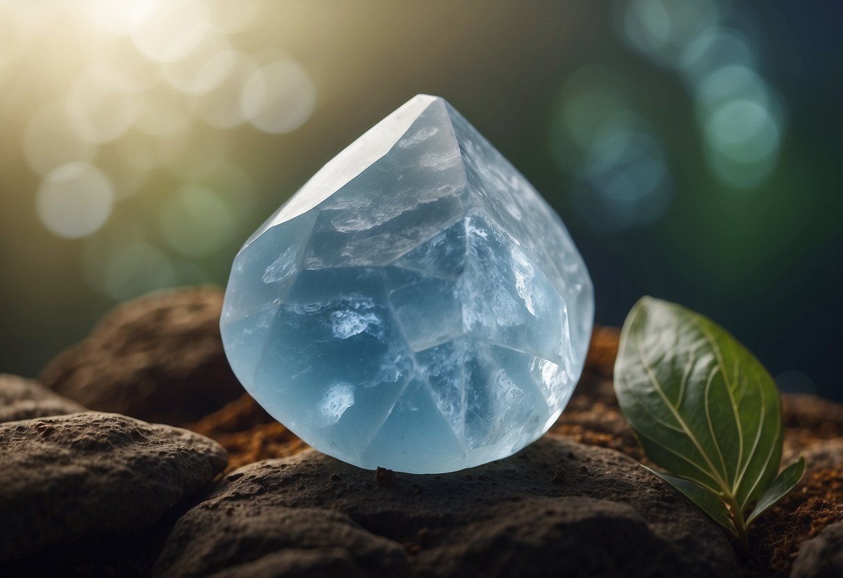 A serene chalcedony stone radiates spiritual energy, surrounded by soft light and delicate symbols