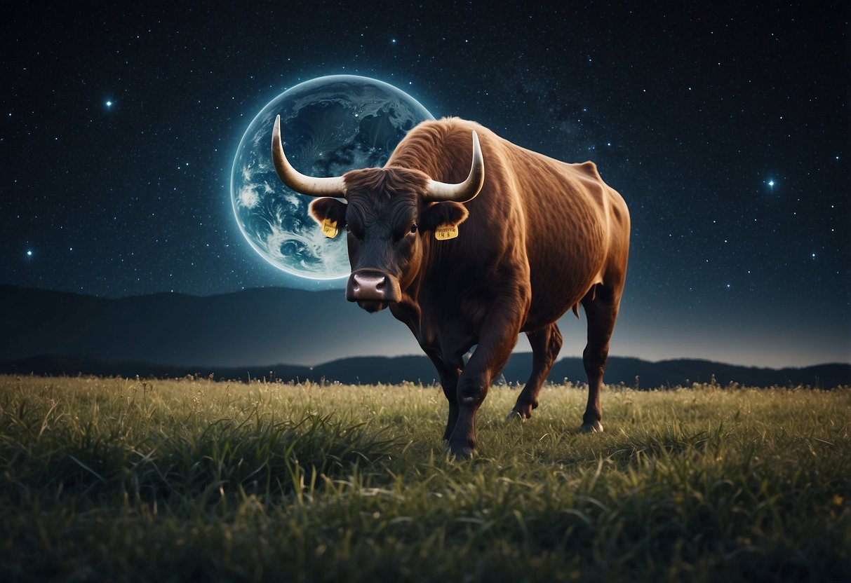 A bull charging through a field under the night sky with the planet Uranus visible in the background