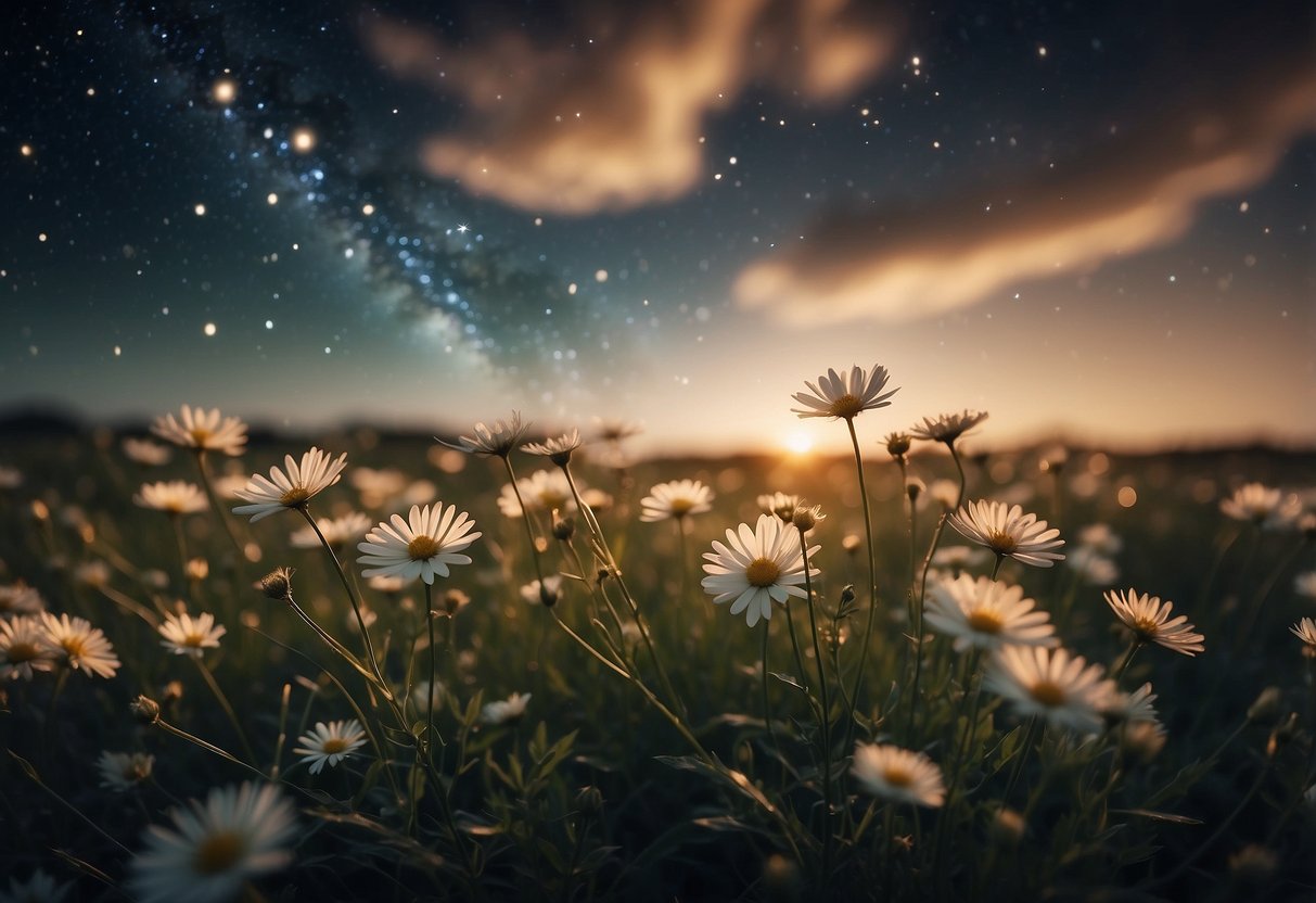 A field of blooming flowers under a starry sky, with a powerful gust of wind sweeping through, symbolizing the personal and collective developments of Uranus in Taurus