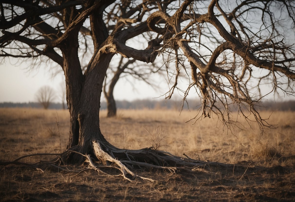 A withered tree in a desolate field, its branches drooping and leaves shriveled