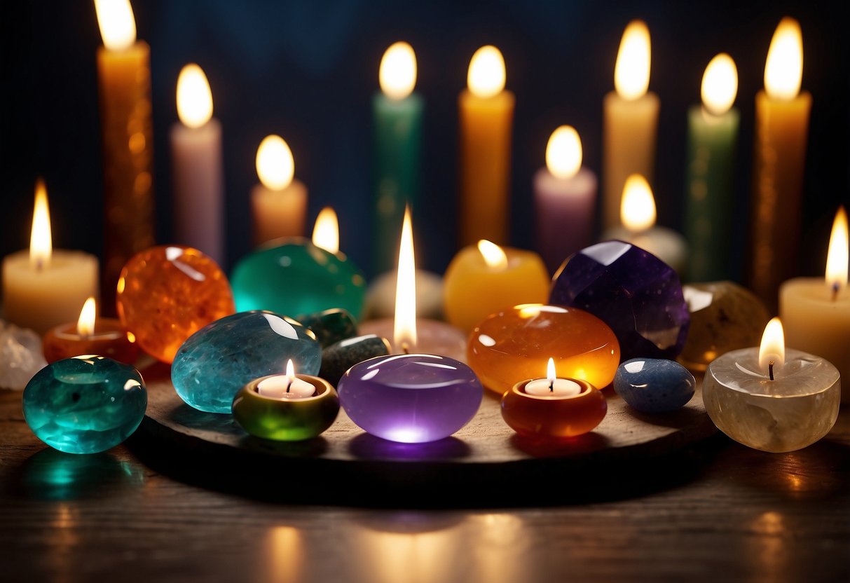 A collection of chakra gemstones arranged in a circle, surrounded by candles and burning incense, with a person sitting in meditation nearby