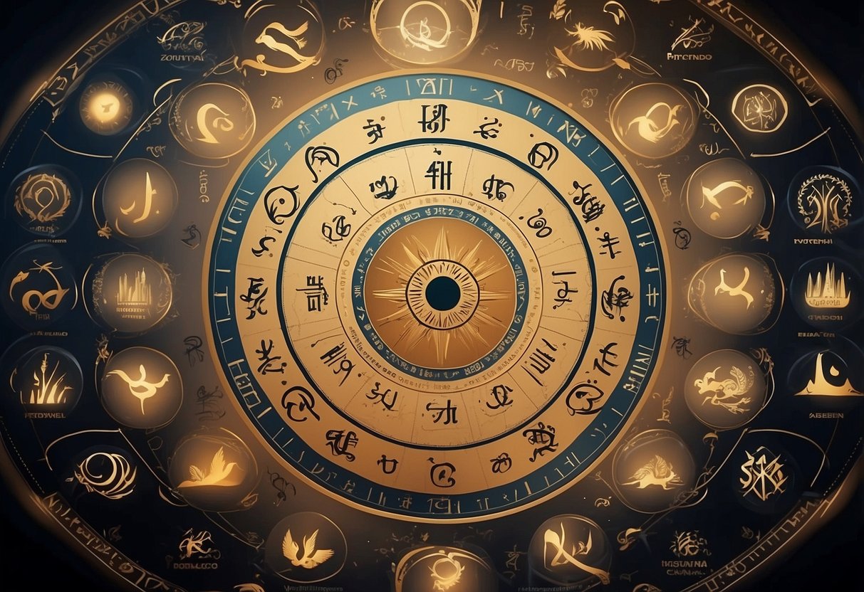 A circle of 12 zodiac symbols, with feminine traits emphasized in each design