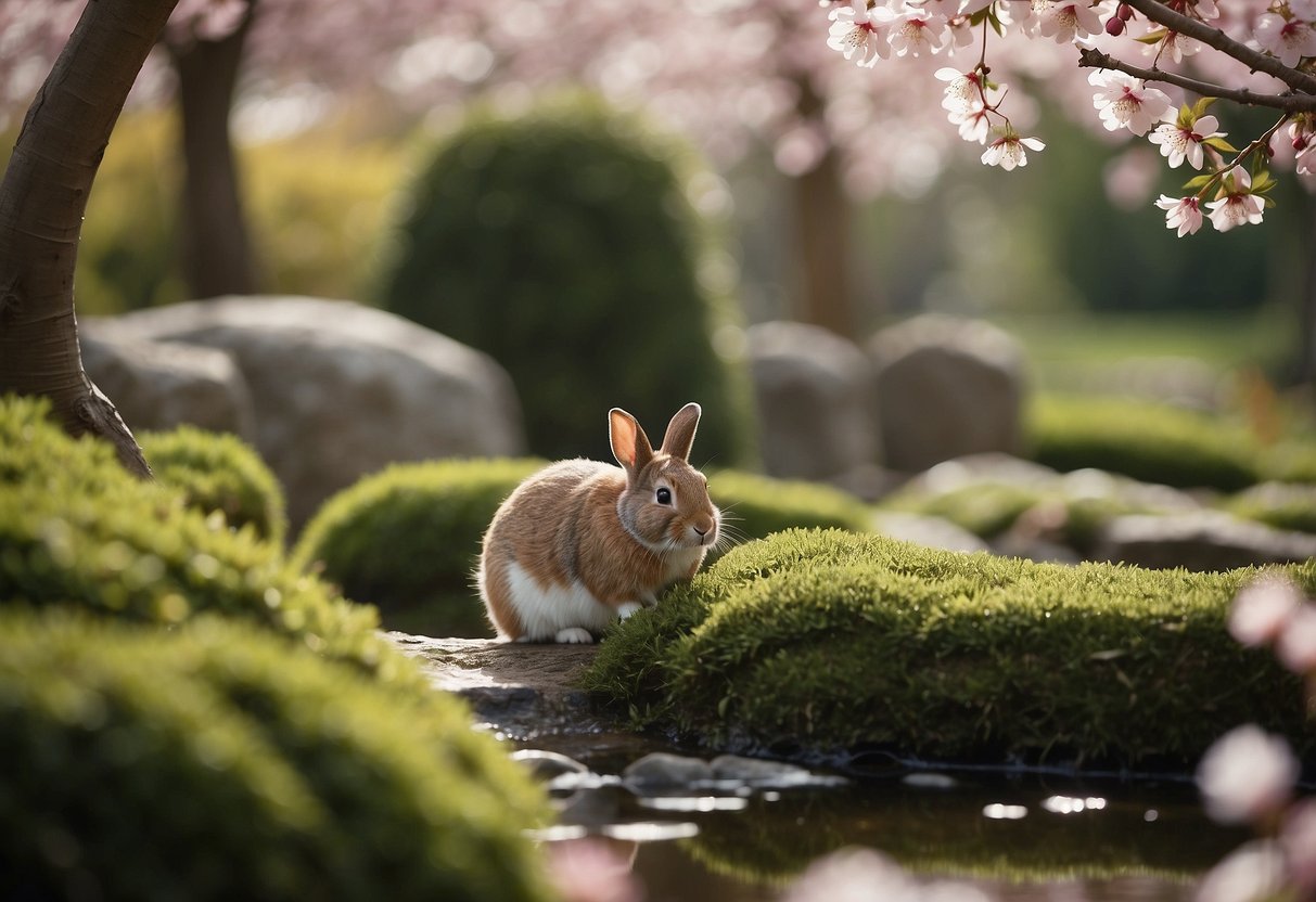 A serene garden with cherry blossoms in full bloom, a tranquil pond, and a small rabbit peeking out from behind a bush