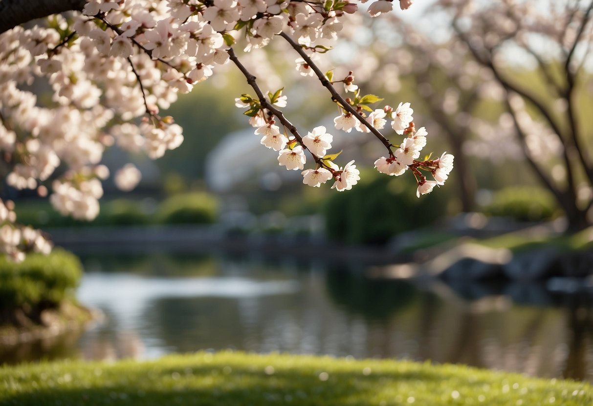 A serene garden with blooming cherry blossoms, a tranquil pond, and a gentle breeze symbolizing the predictions for different aspects of life in the year of the rabbit 2023