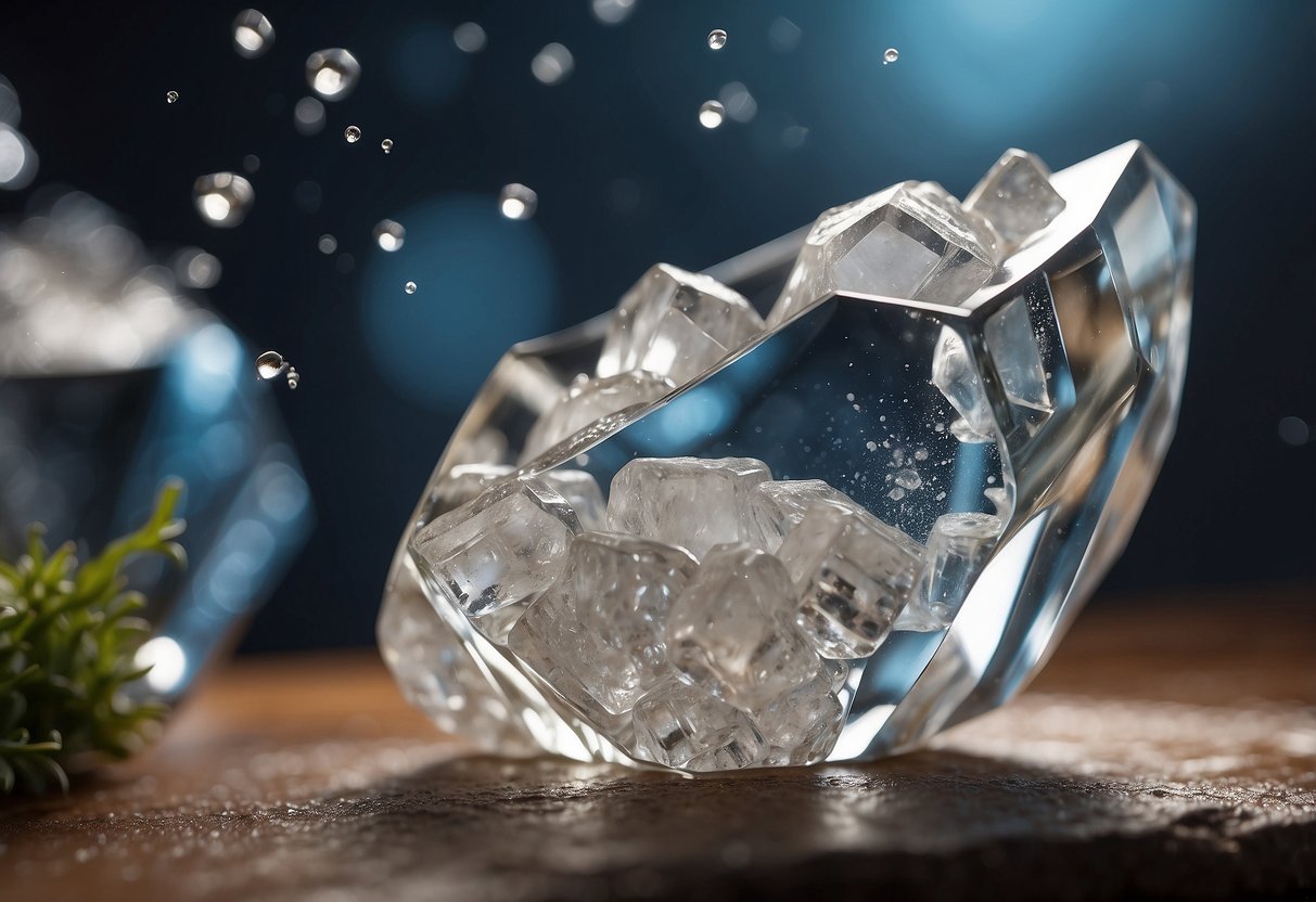 A clear quartz crystal being cleansed and charged under running water