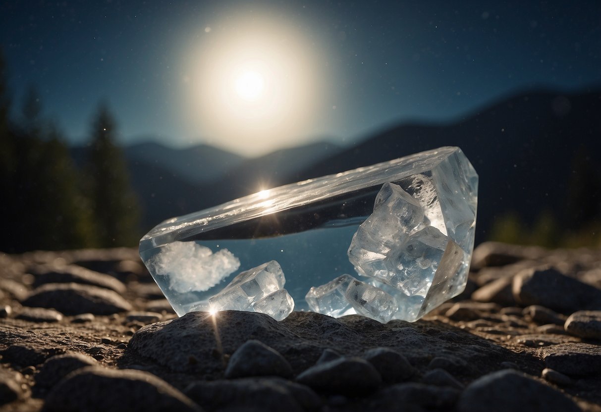 A clear quartz crystal being cleansed and charged under moonlight