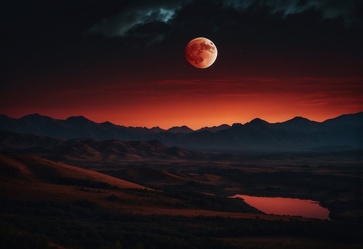 A blood moon rises over a dark, mysterious landscape, casting an eerie red glow on the surroundings