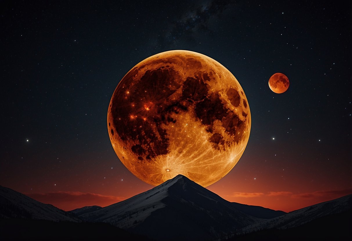 The 2022 lunar eclipse creates a striking blood moon against a dark, star-filled sky