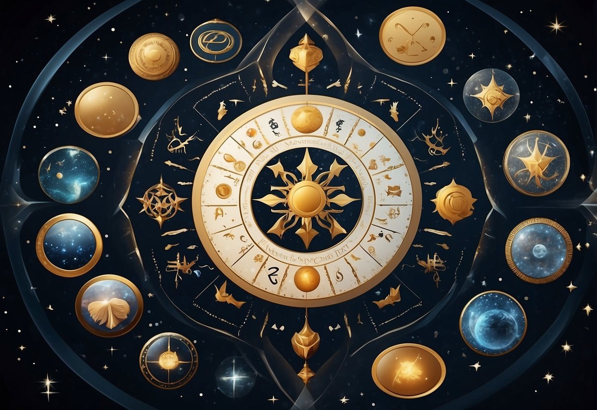 A circle of 12 zodiac symbols with feminine traits, surrounded by celestial elements