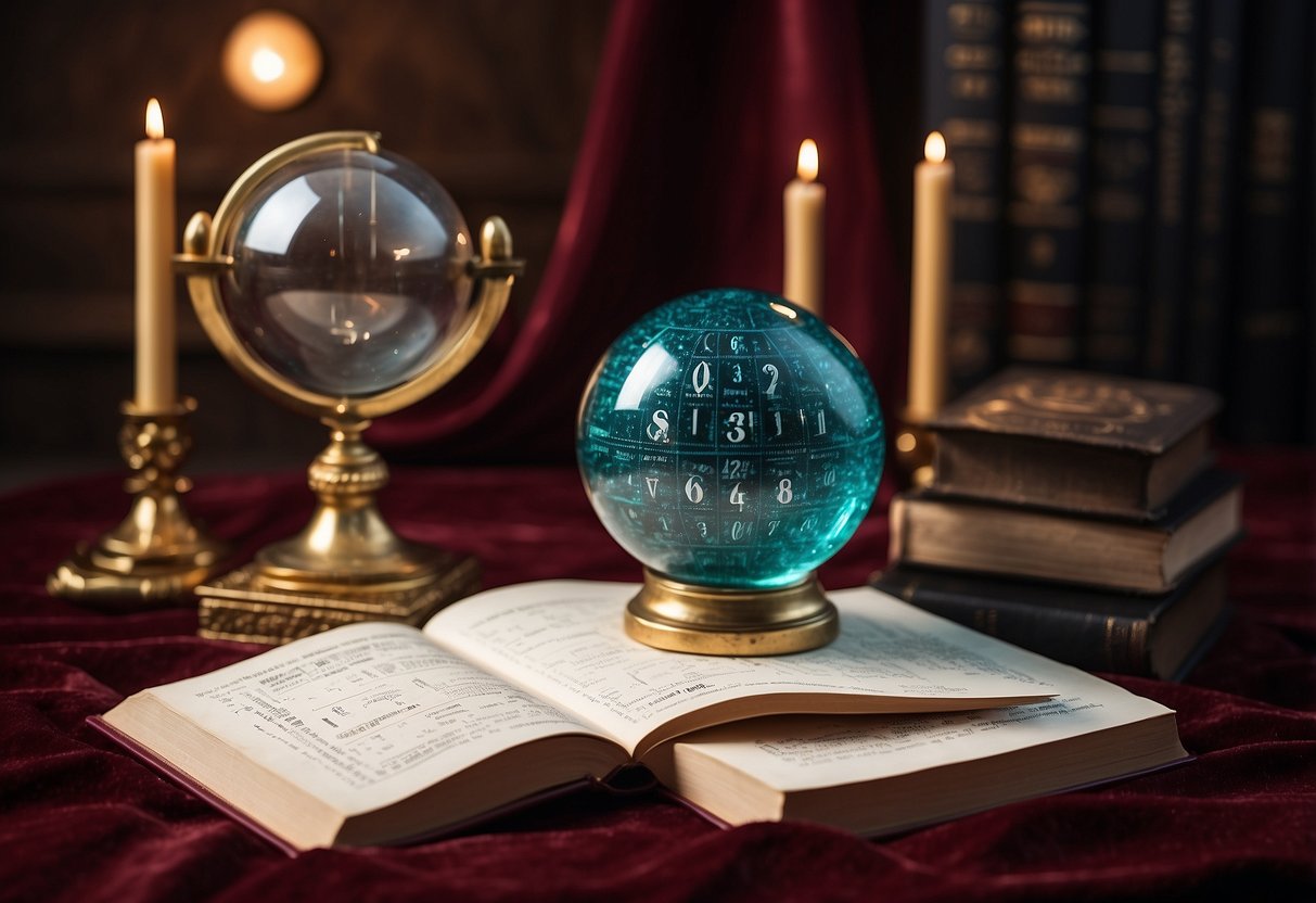 A table with numerology books, a calendar showing 2024, and a crystal ball on a velvet cloth