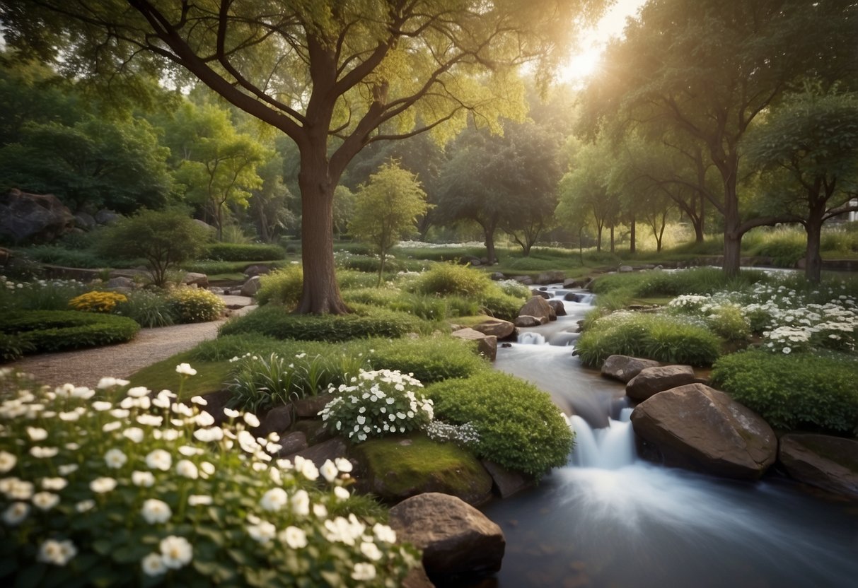 A serene garden with symbolic elements: four seasons represented by trees, a flowing river with numerology symbols, and a peaceful, harmonious atmosphere