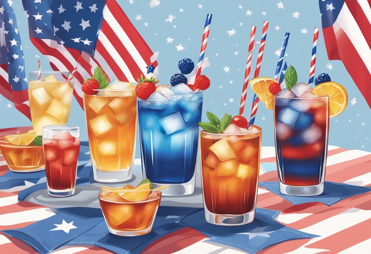 A table with 15 whiskey cocktails, each garnished with red, white, and blue accents, set against a backdrop of festive Fourth of July decorations