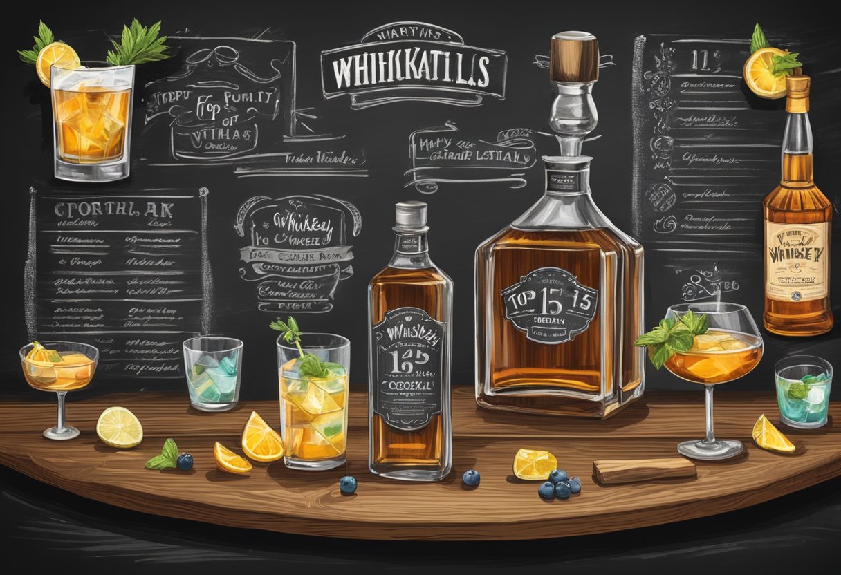 A wooden bar top with various whiskey bottles, cocktail shakers, and garnishes. A chalkboard displays "Top 15 Whiskey Cocktails for Fourth of July."