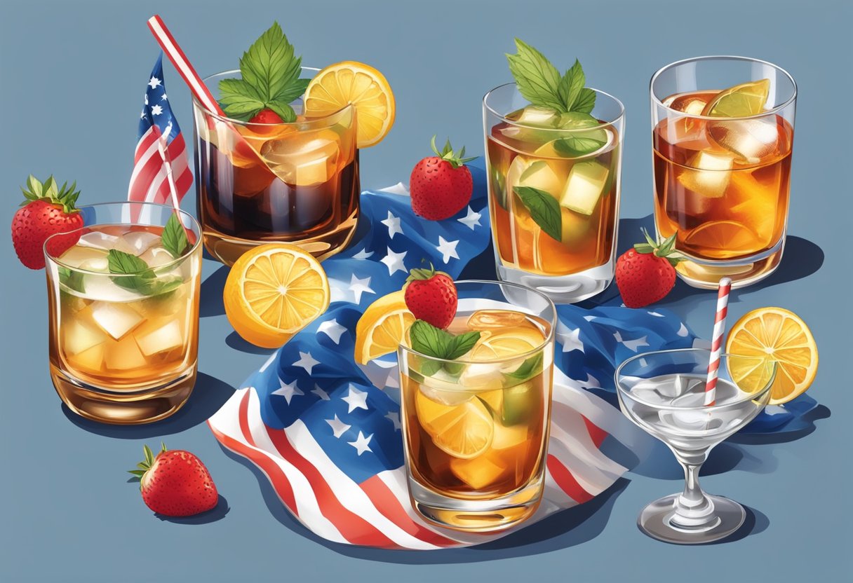 A table set with various whiskey cocktails in patriotic colors and garnishes, ready for a Fourth of July celebration