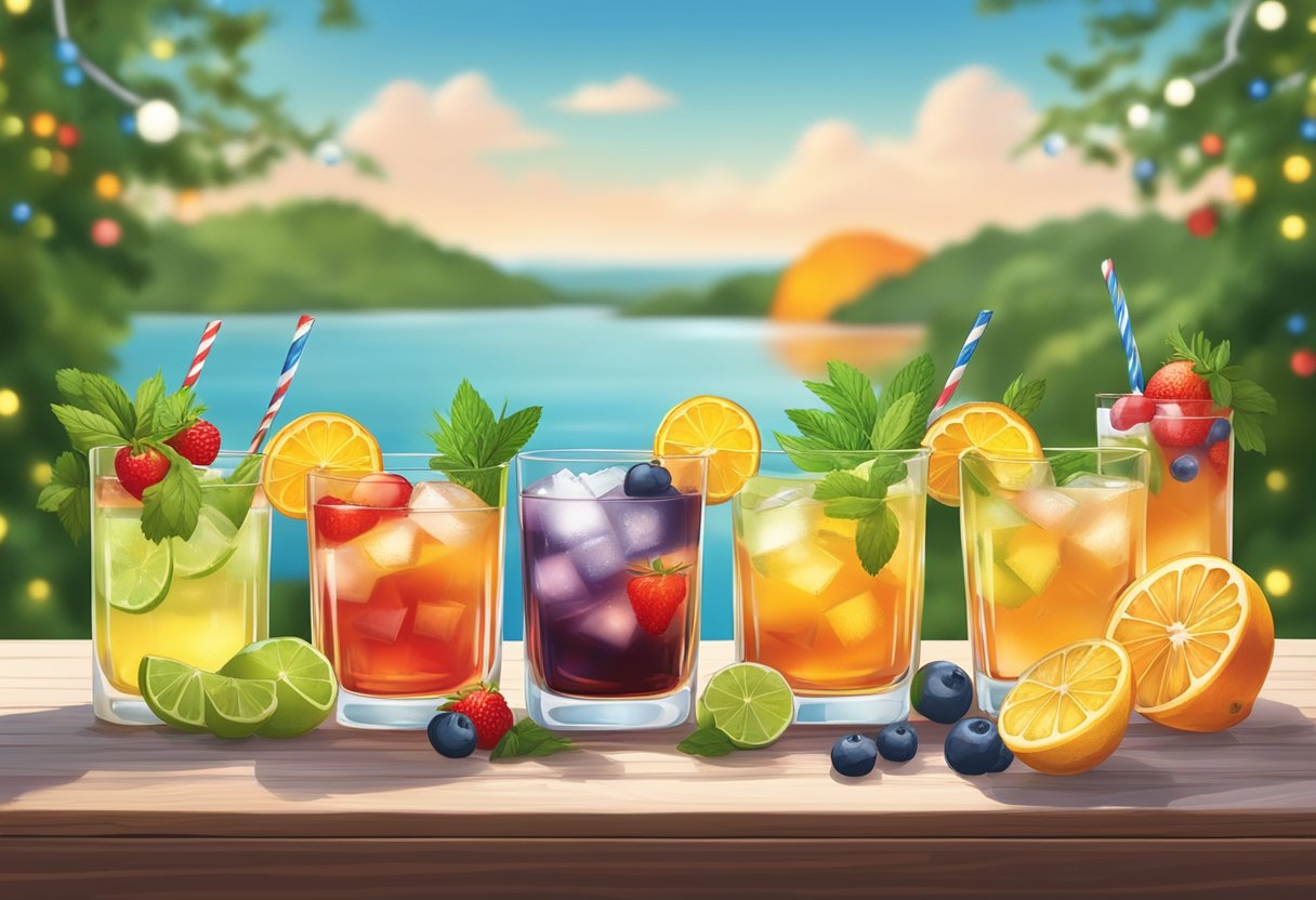 A colorful array of whiskey cocktails with fresh fruits and herbs, set against a backdrop of summer scenery and festive Fourth of July decorations