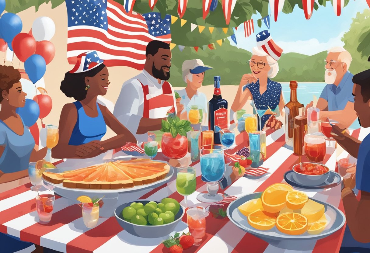 Colorful mocktail ingredients arranged on a festive table with patriotic decorations, surrounded by family members enjoying the 15 whiskey cocktail recipes for the Fourth of July