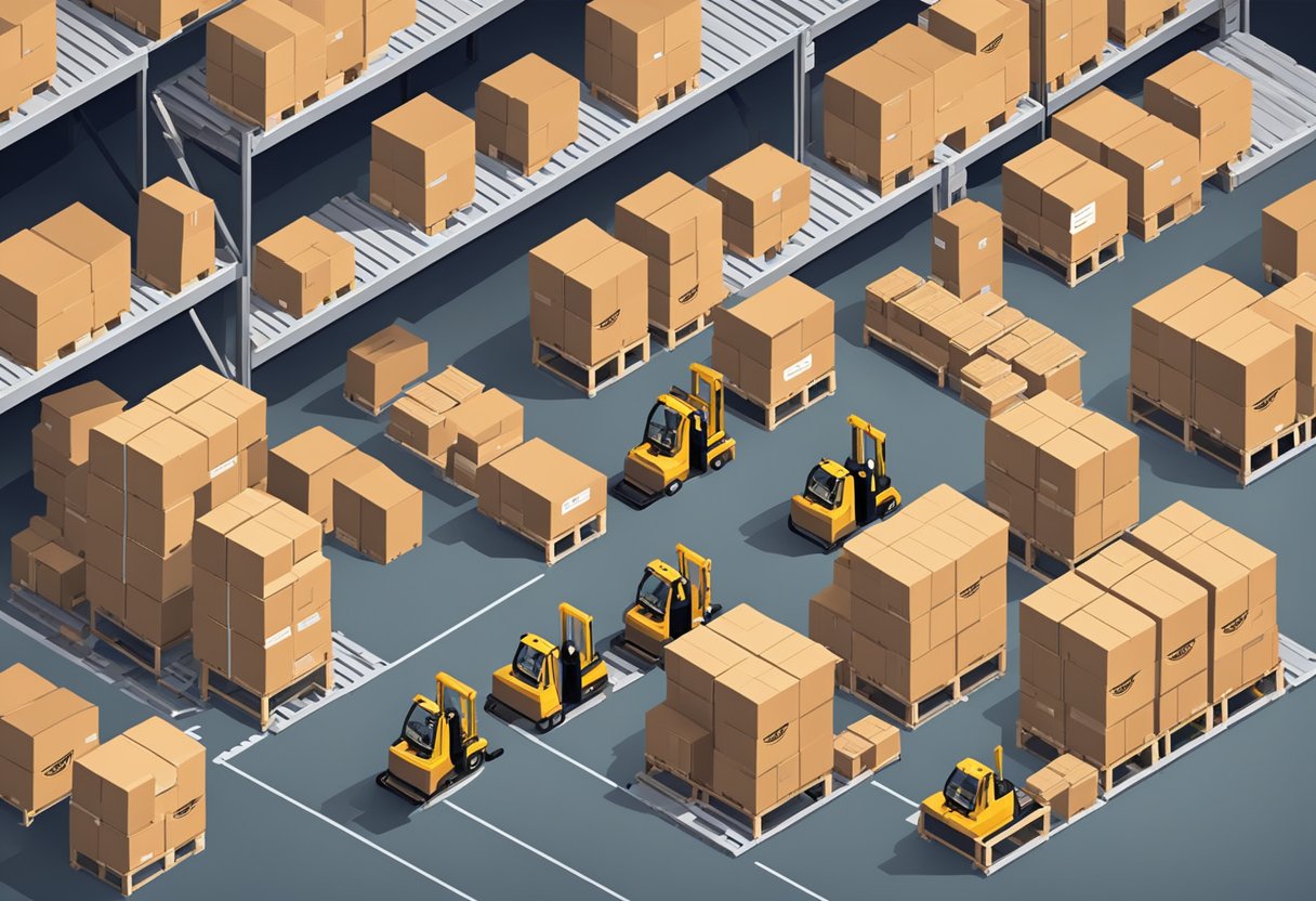 A warehouse filled with stacked boxes, labeled with "Amazon FBA" logo. Conveyor belts and workers packing products for shipment