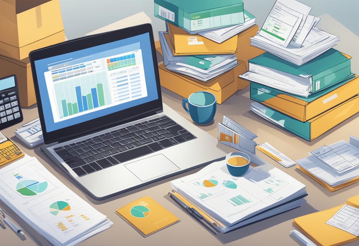 A table with a laptop, calculator, and financial documents. Amazon FBA fees and revenue charts displayed on the computer screen. Boxes labeled "inventory costs" and "shipping expenses" stacked nearby