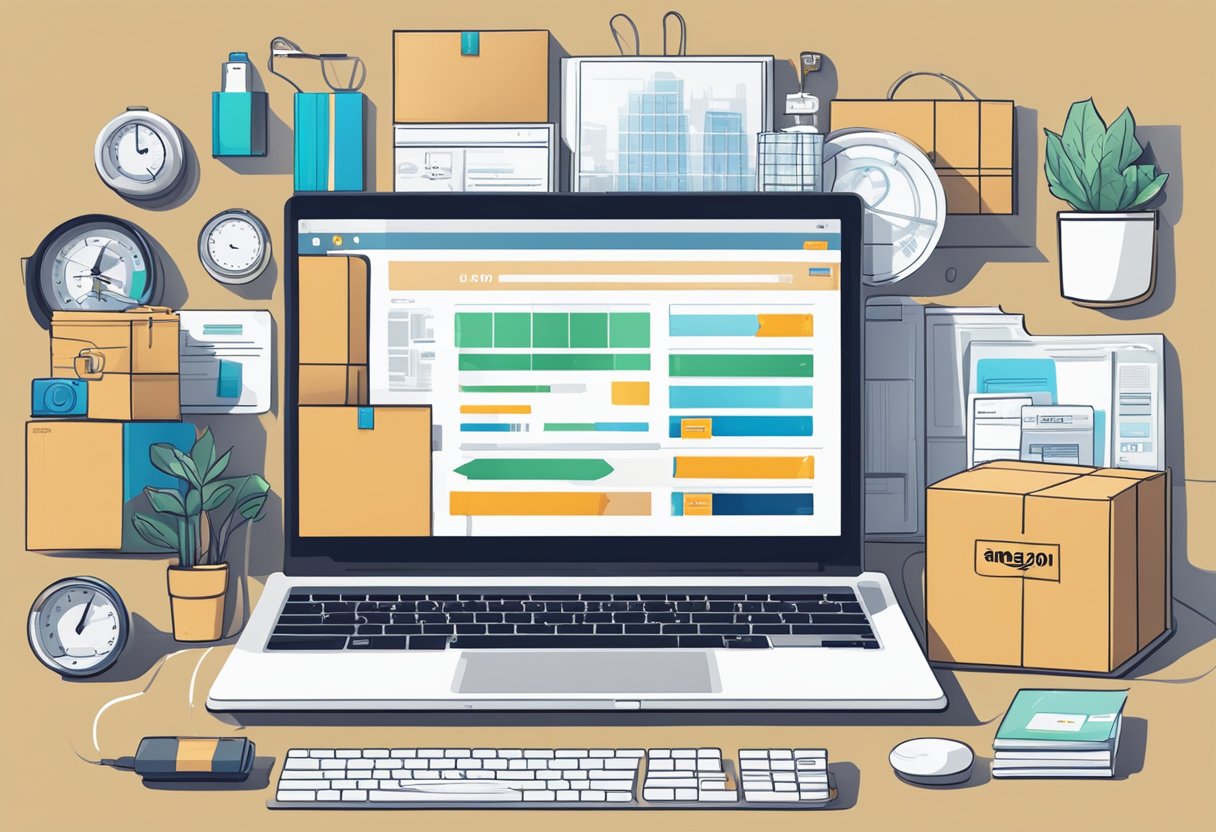 A laptop displaying Amazon FBA dashboard, surrounded by various products, with a shipping box and packing materials nearby