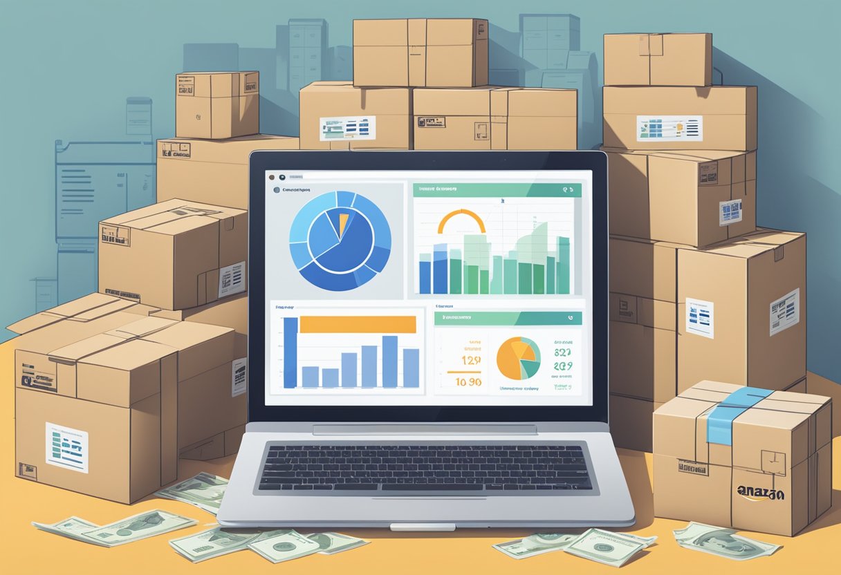 A laptop displaying Amazon FBA dashboard with financial charts, surrounded by stacked shipping boxes and a calculator