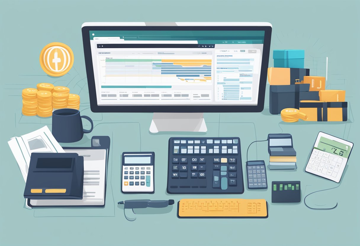 A computer screen displaying Amazon FBA Online Arbitrage with various products, a calculator, and a notebook for strategizing