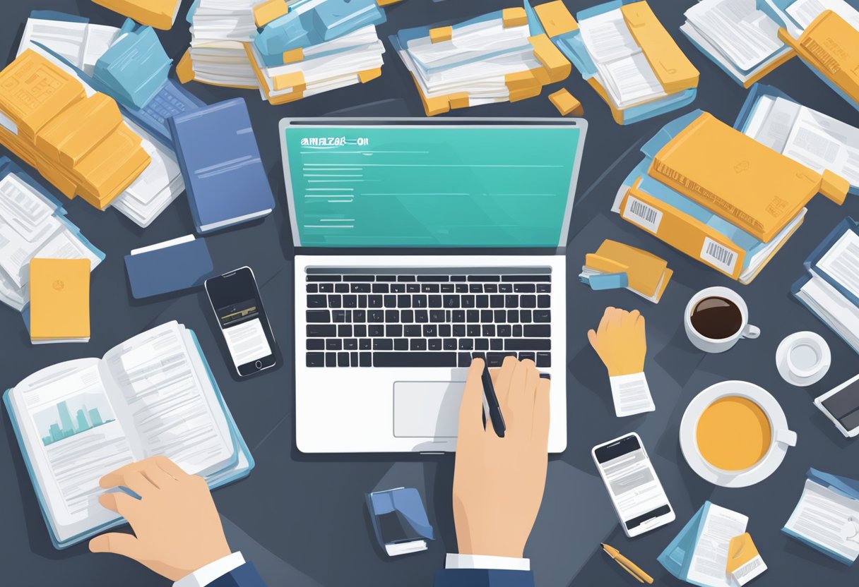 A laptop displaying Amazon FBA Online Arbitrage. Legal documents and compliance guidelines scattered around. A person typing on a keyboard, surrounded by business books