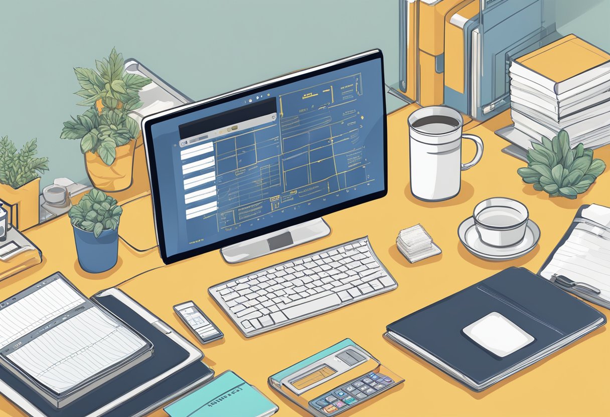 A computer screen displaying Amazon FBA Online Arbitrage with products, a calculator, and a notepad on a desk