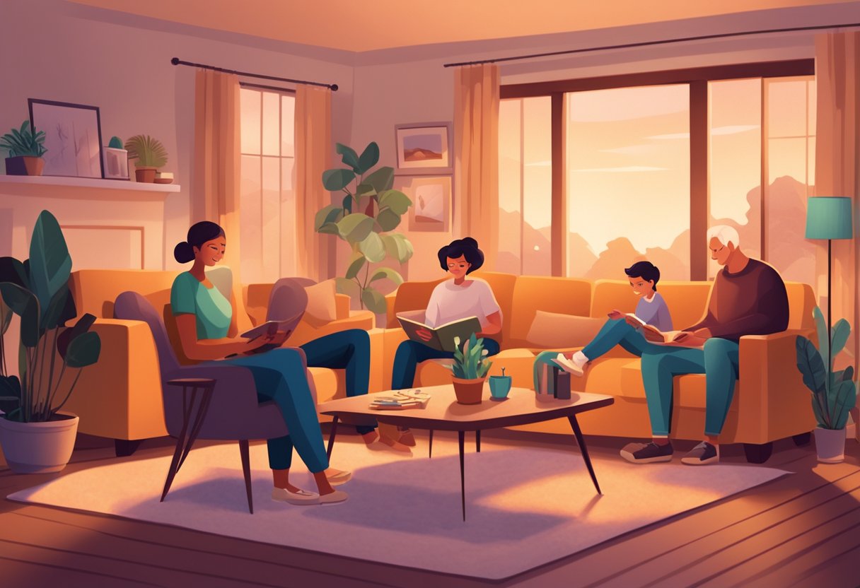 A family sitting together in a cozy living room, engaging in activities like board games or reading, with soft lighting and warm colors creating a calm and peaceful atmosphere