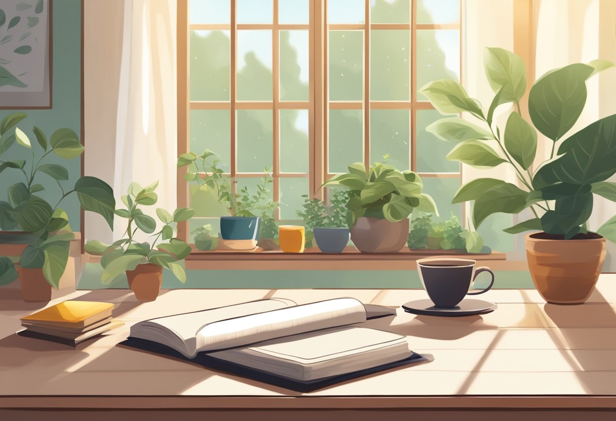 A serene, sunlit room with a yoga mat, a journal, and a cup of herbal tea on a table, surrounded by plants and natural light