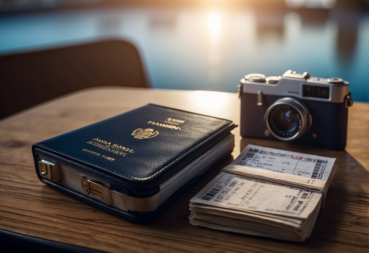 Passport, boarding pass, and travel adapter arranged on a table. Suitcase and camera in the background