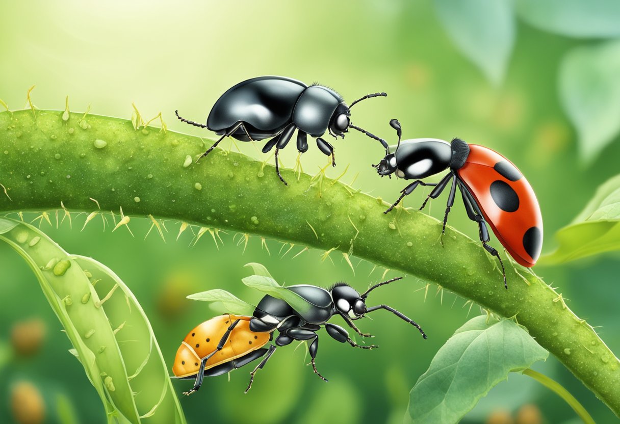 A ladybug feeds on aphids, while a parasitic wasp lays eggs in a caterpillar, demonstrating biological pest control in an organic garden