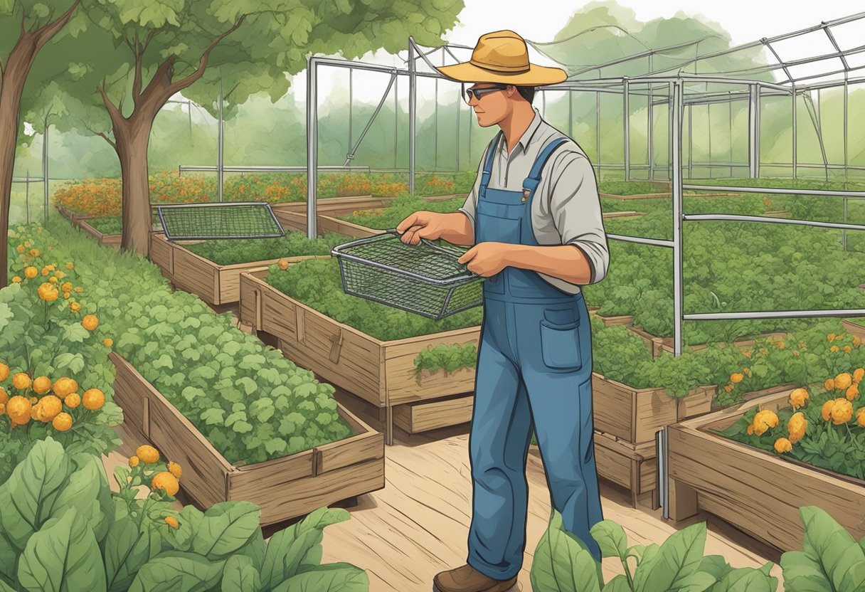 A farmer uses traps, barriers, and natural predators to manage pests in an organic garden