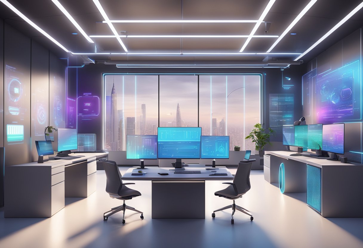 A futuristic office with holographic screens displaying Teikametrics' top 10 Amazon FBA tools in 2024. The sleek, modern design of the room and advanced technology create a cutting-edge atmosphere