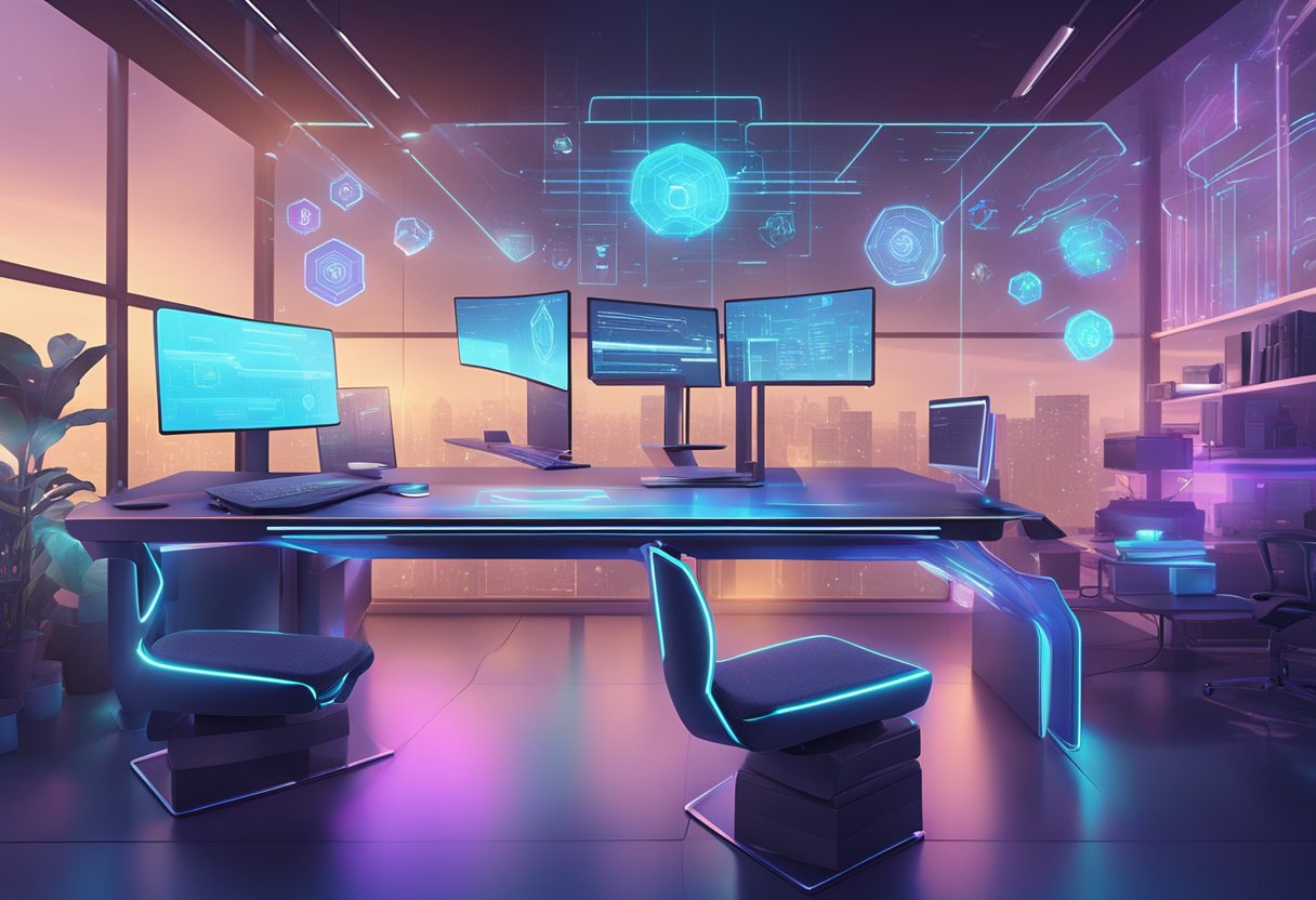 A futuristic workspace with holographic screens displays 'Scoutify Top 10 Amazon FBA Tools in 2024'. Advanced technology and sleek design create a cutting-edge atmosphere