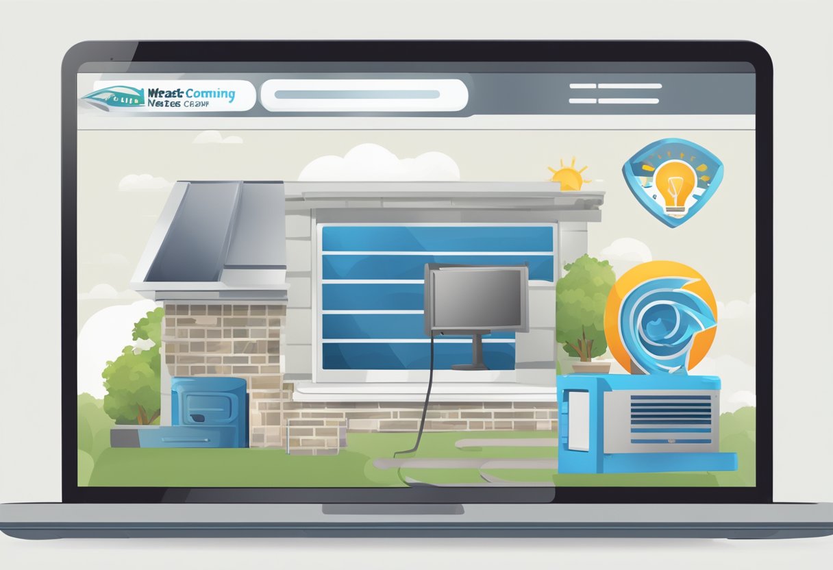 A laptop displaying a website with HVAC company logo, keywords, and meta tags. A search engine results page showing high ranking for "HVAC services near me."