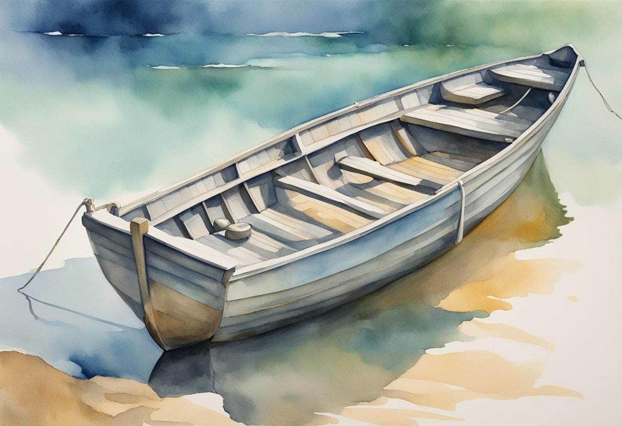 A boat stranded on shallow waters, unable to navigate through narrow channels, representing liquidity risk