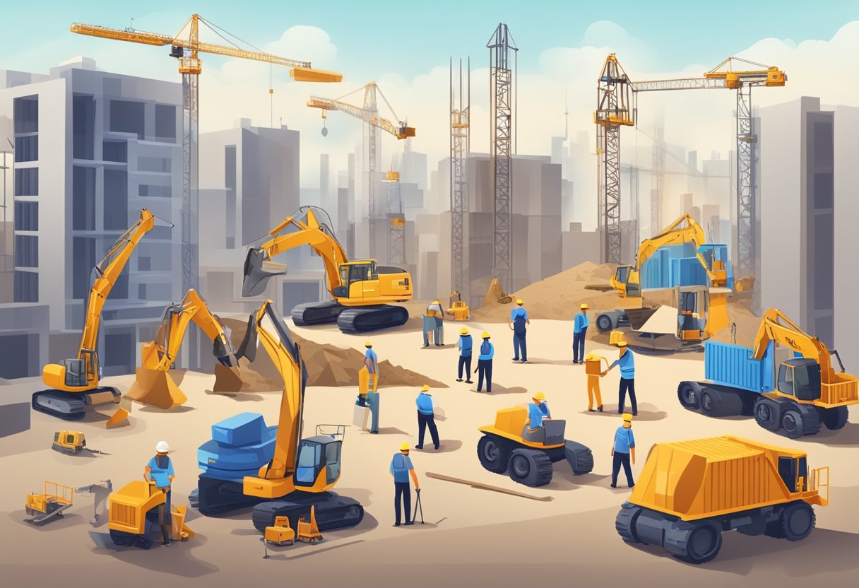 A construction site with workers using SEO tools and equipment to optimize their website for better online visibility