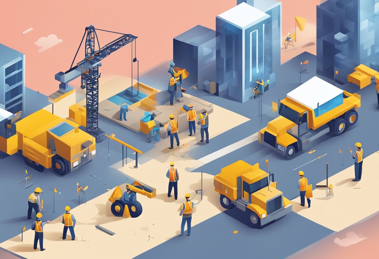 A small construction site with workers optimizing website and improving user experience. Keywords and analytics tools are scattered around the scene