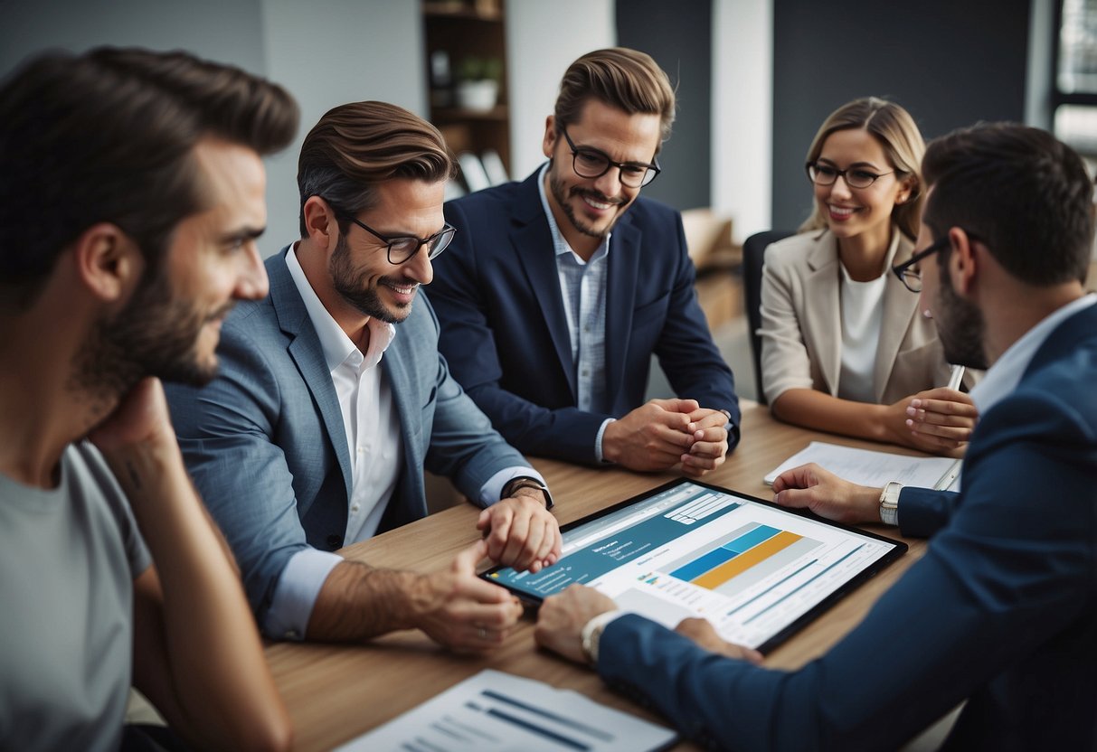 A group of professionals evaluating website development agencies, comparing services, and analyzing client reviews to choose the best one for their service-based business